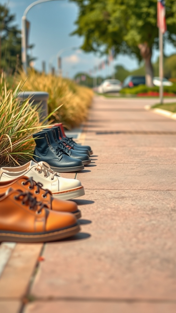 Various pairs of stylish shoes arranged on a sidewalk, showcasing a blend of smart casual footwear options.