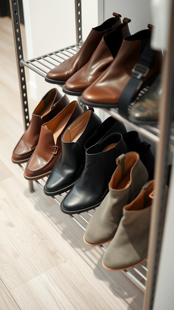 A collection of smart casual footwear including black, brown, and grey boots displayed on a rack.