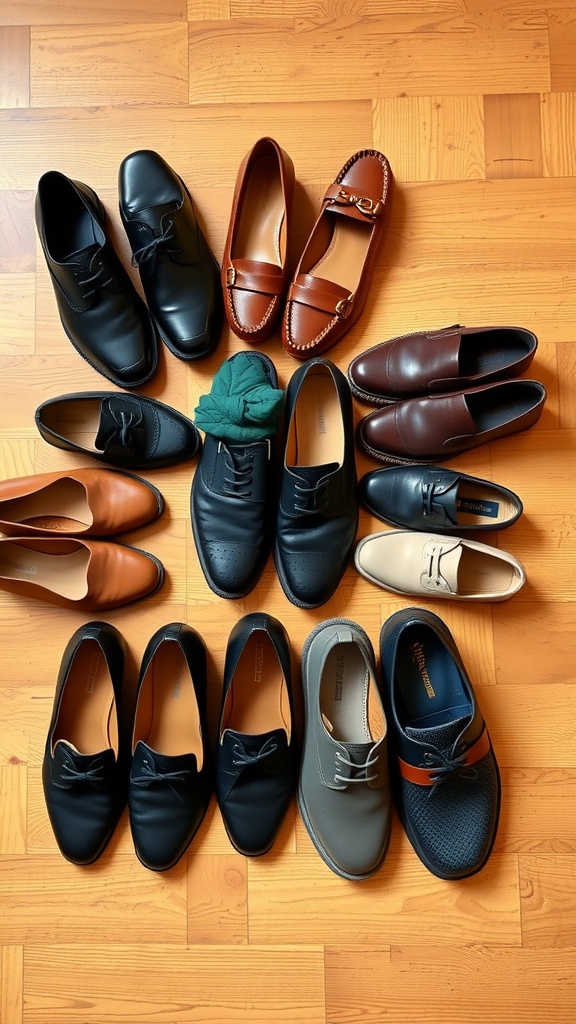 A variety of smart casual footwear options including loafers, flats, and slip-ons arranged in a circular pattern.