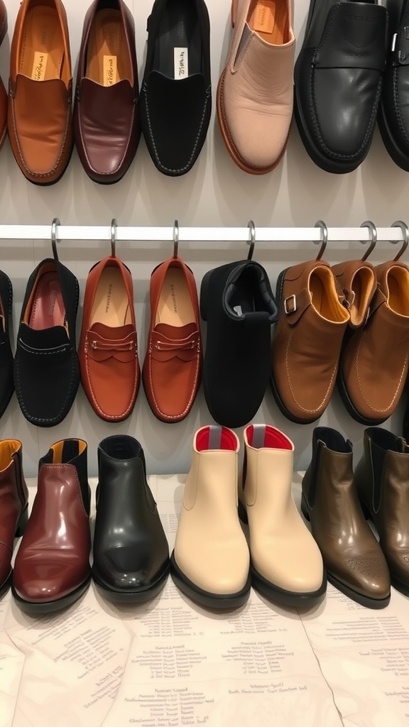A variety of smart casual footwear options including loafers, ankle boots, and slip-ons in different colors and styles.