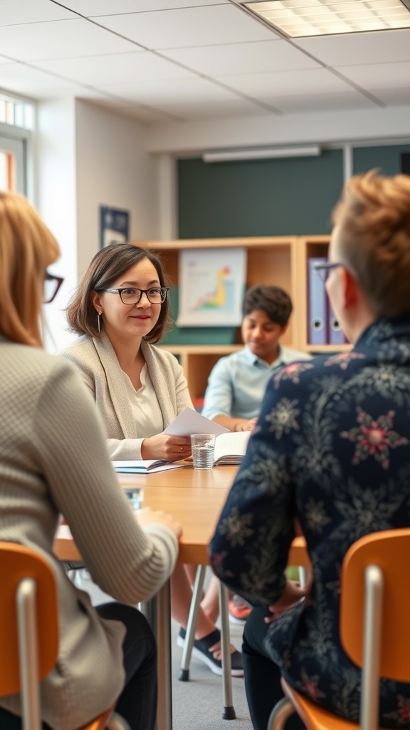 A teacher in smart casual attire engaged in a discussion during a parent-teacher conference.