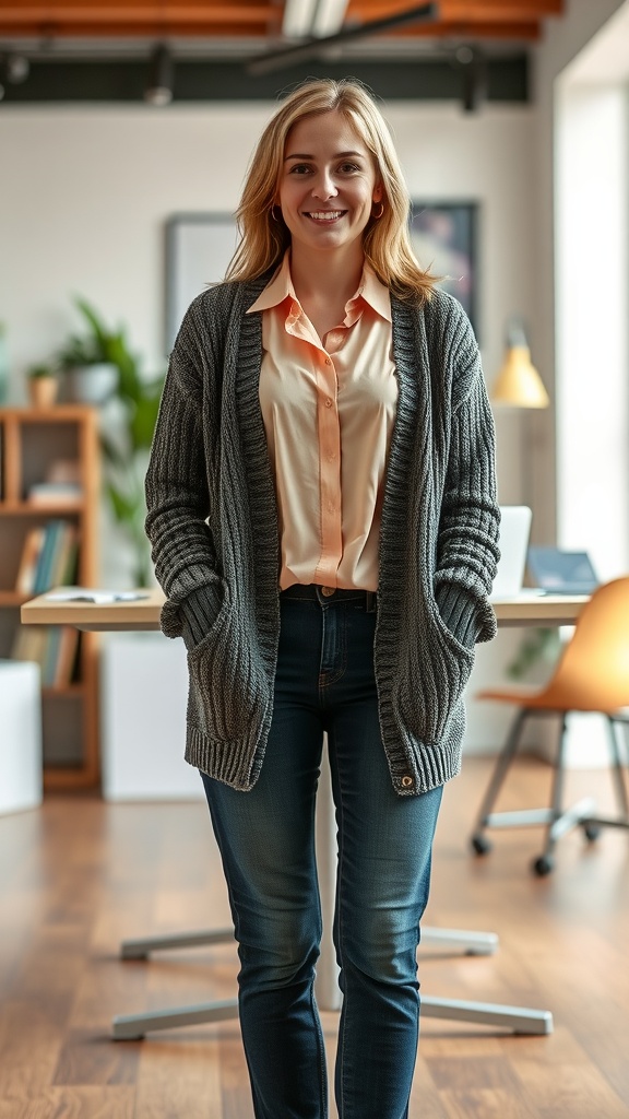 A woman smiling in a cozy cardigan and blouse in a modern office space.