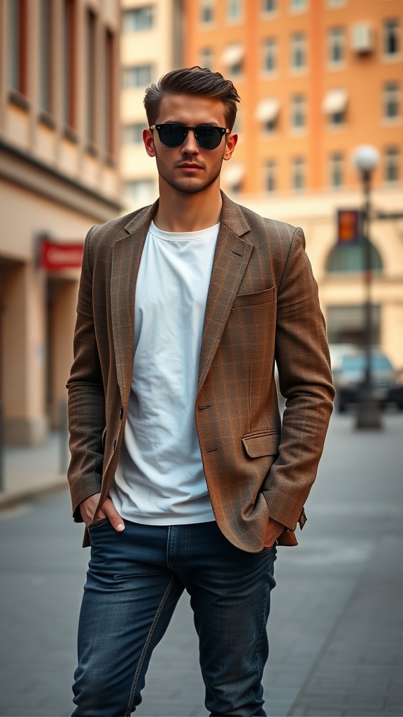 A young man wearing a brown check blazer over a white t-shirt with dark jeans and sunglasses.