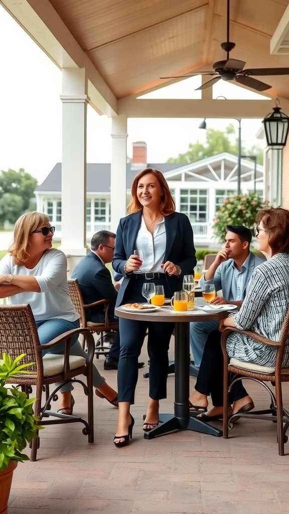 A woman in a navy blazer and tailored pants stands confidently at a brunch table with friends, showcasing smart casual outfits.