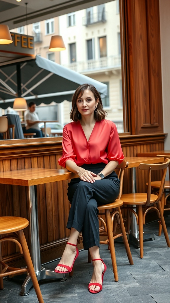 A woman wearing a red blouse and black pants sitting in a café.