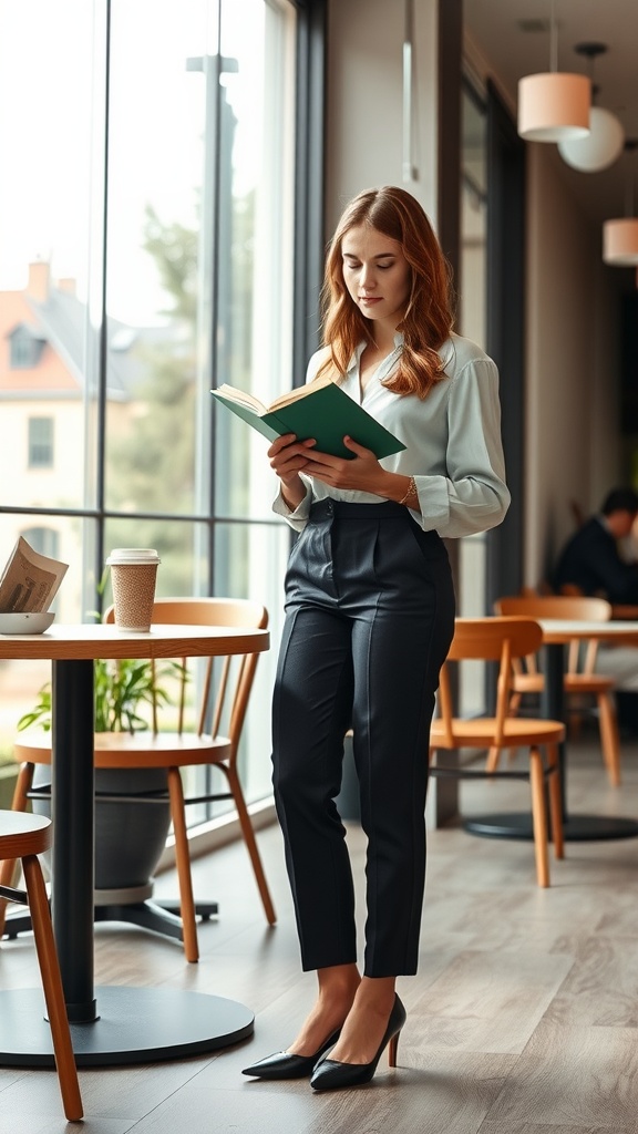 A young woman reading a book in a café, dressed in a stylish blouse and tailored black trousers.