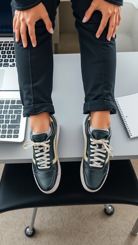 A close-up view of a person's legs crossed on a desk, wearing smart casual sneakers, with a laptop and notebook in the background.