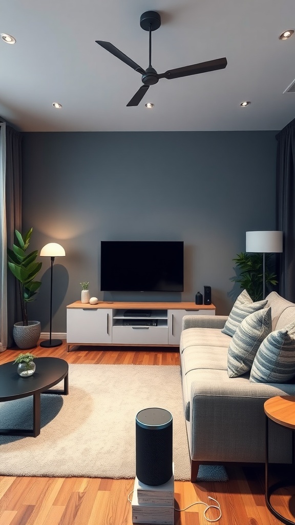 A modern living room featuring a gray couch, a smart speaker, a TV, and plants, showcasing smart home integration.