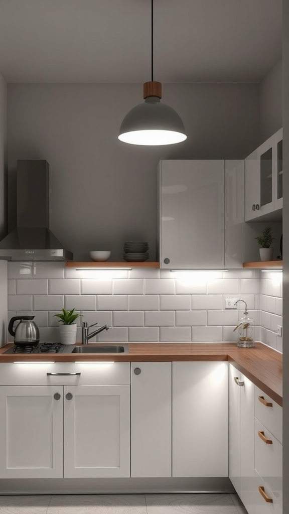 A modern small kitchen with a pendant light and under-cabinet lighting