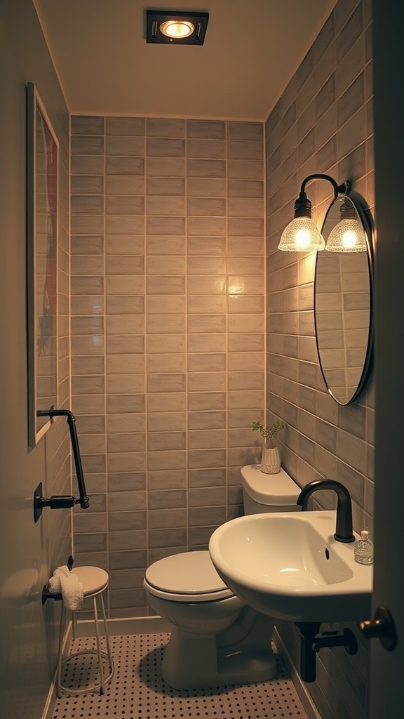 Cozy small bathroom with warm lighting and stylish fixtures