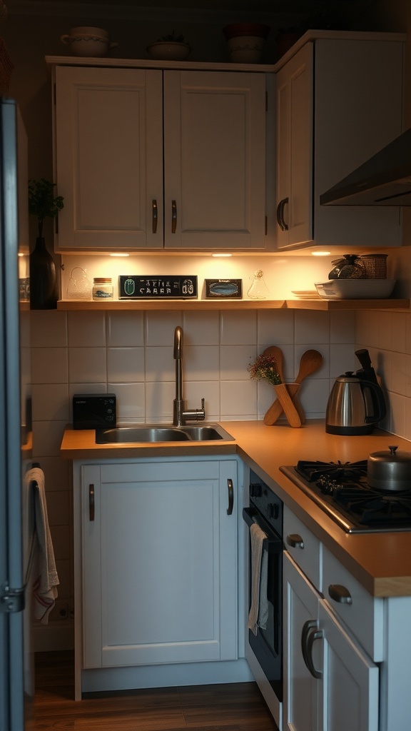 Compact kitchen with warm under-cabinet lighting highlighting white cabinetry and wooden countertops.