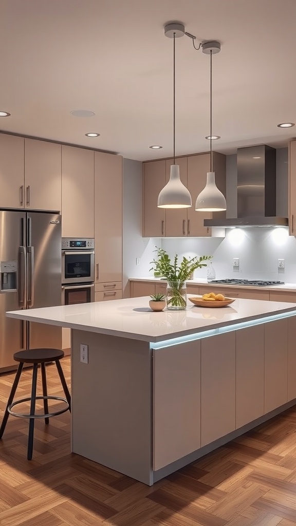 A modern kitchen with pendant lights over the island and under-cabinet lighting.