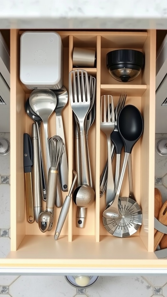 Neatly organized kitchen drawer with utensils separated by wooden dividers.