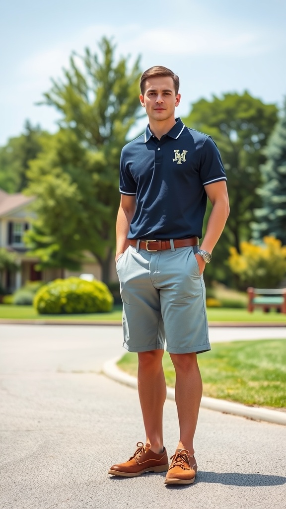 A young man in a navy polo shirt and light shorts standing outdoors.