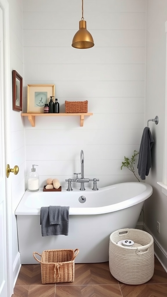 Small bathroom with a tub, featuring smart storage solutions like a floating shelf and woven baskets.