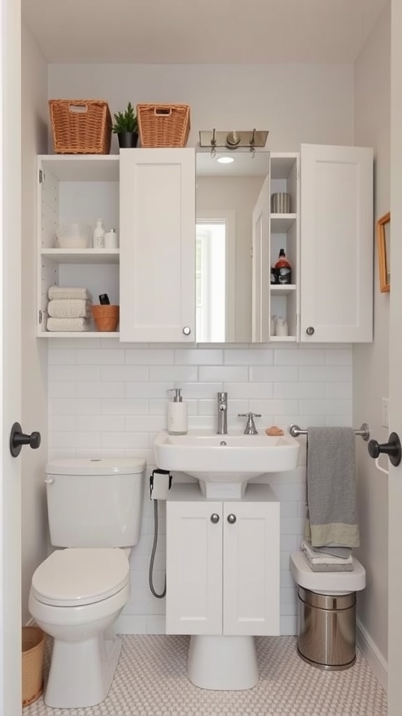 A small guest half bathroom with modern storage solutions including shelves and a mirror cabinet.