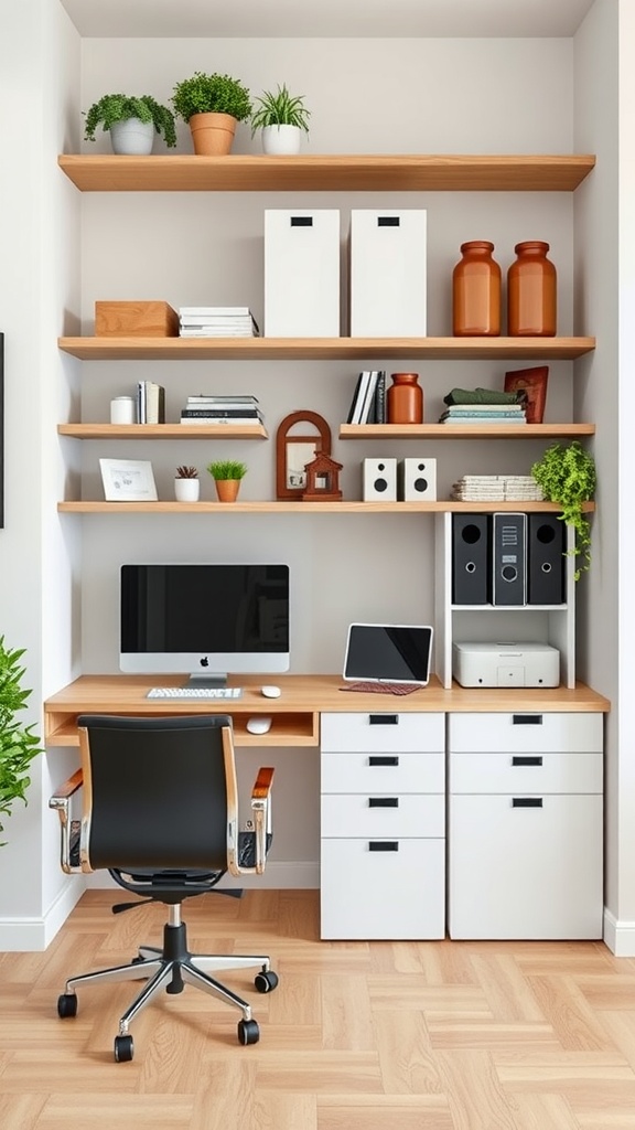 Modern home office with smart storage solutions, featuring shelves, a desk with drawers, a computer, and plants.