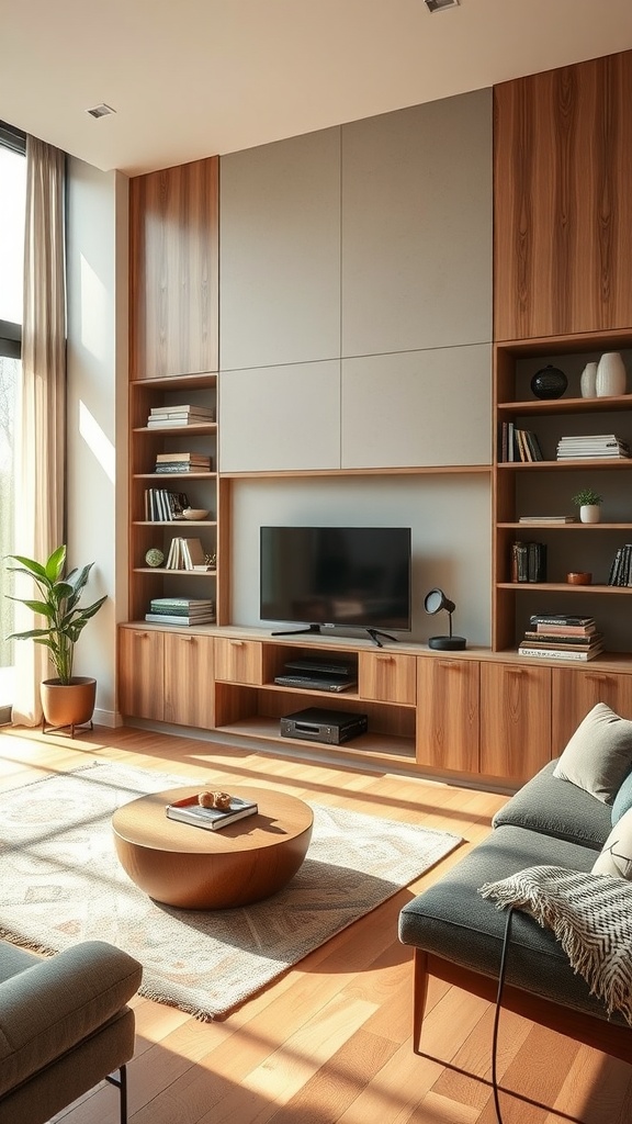 A modern living room featuring a wooden shelving unit, a TV stand with hidden storage, and a round coffee table surrounded by cozy seating.