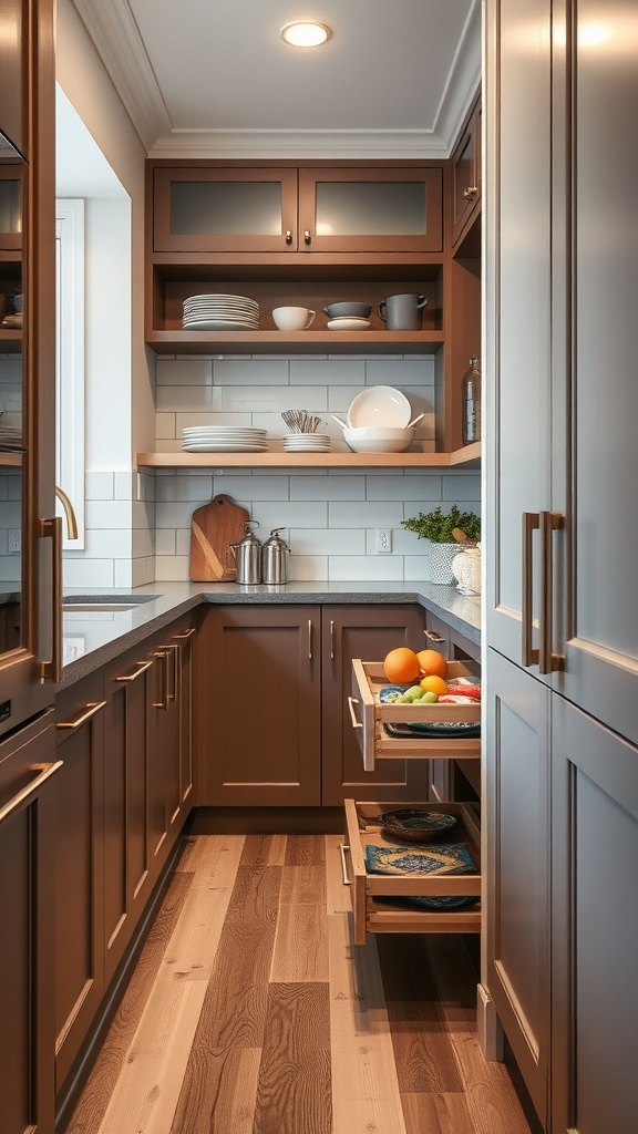 A small galley kitchen showcasing smart storage solutions with upper shelves and pull-out drawers.