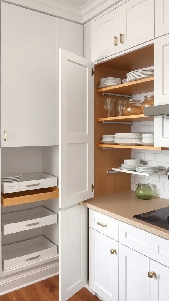 Stylish kitchen cabinet with smart storage solutions including sliding shelves and deep drawers.
