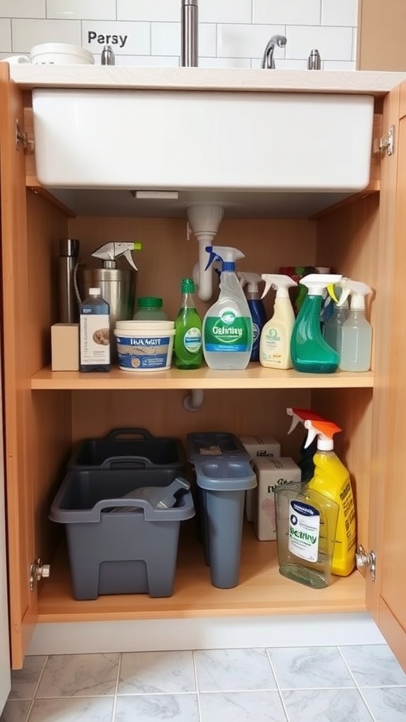Under-sink storage in a small kitchen with organized cleaning supplies and bins.
