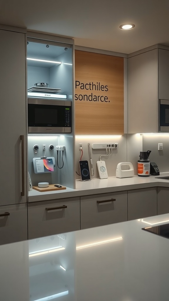 Modern kitchen cabinets featuring smart technology, integrated microwave, and charging station.