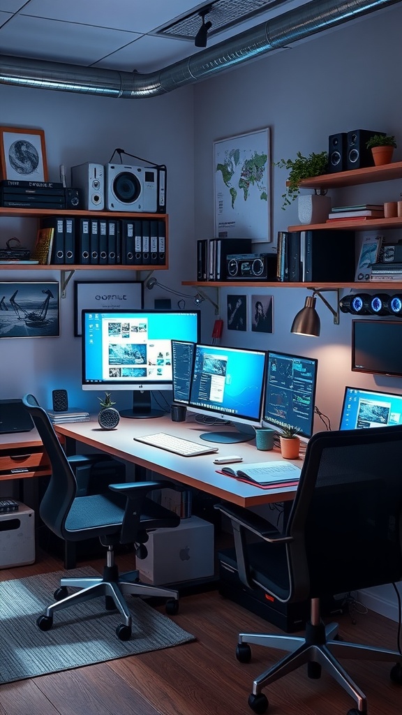 Modern home office with dual monitors, organized shelves, and plants