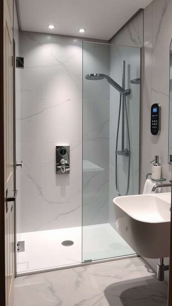 Modern guest bathroom featuring a smart shower system and elegant design.