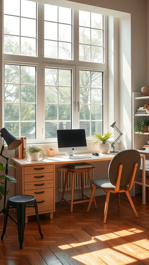 A bright home office with large windows, a desk, computer, and plants, showcasing natural light.