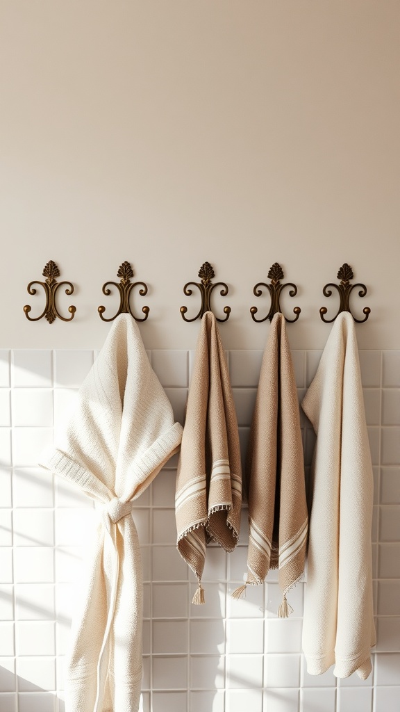 A wall with five ornate hooks displaying neatly hung towels in neutral colors.