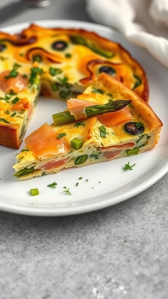 A slice of smoked salmon and asparagus frittata on a plate.