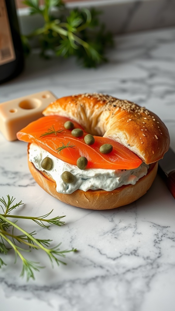 A smoked salmon and cream cheese bagel garnished with capers and dill.
