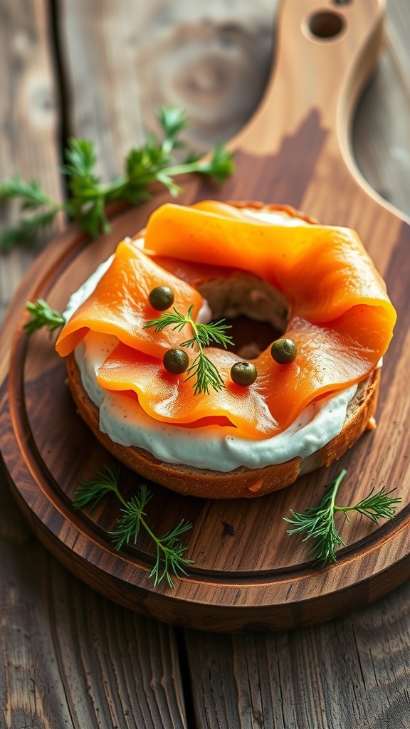 Smoked salmon bagel sandwich with cream cheese and herbs