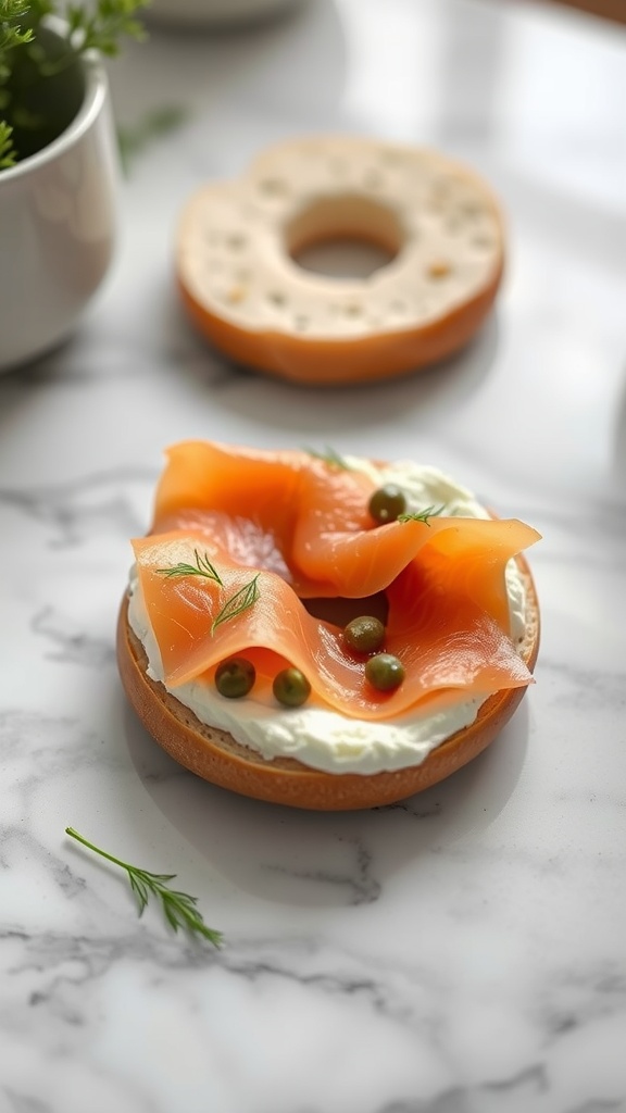 A smoked salmon bagel with cream cheese, garnished with capers and dill, placed on a marble surface.