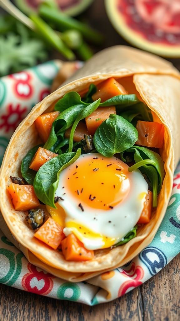 A smoked salmon breakfast burrito filled with spinach and a sunny-side up egg.