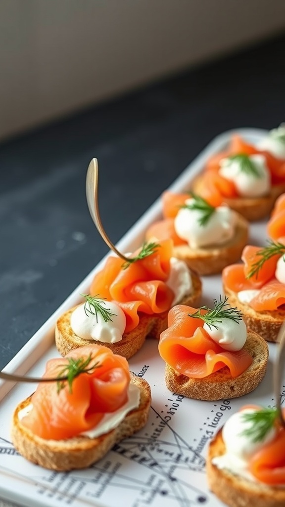 Smoked salmon crostini with cream cheese and fresh dill on a platter