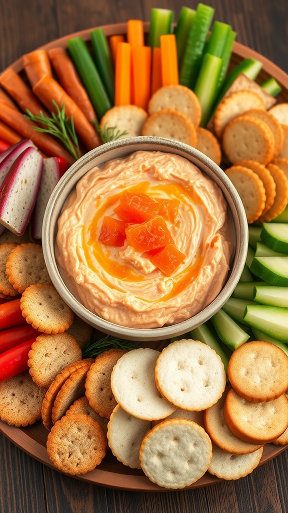 A creamy smoked salmon dip surrounded by an assortment of crackers and fresh vegetables.