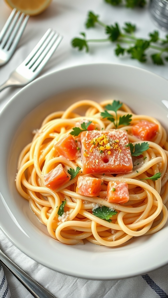 A delicious bowl of smoked salmon pasta with lemon cream sauce, garnished with parsley and lemon zest.