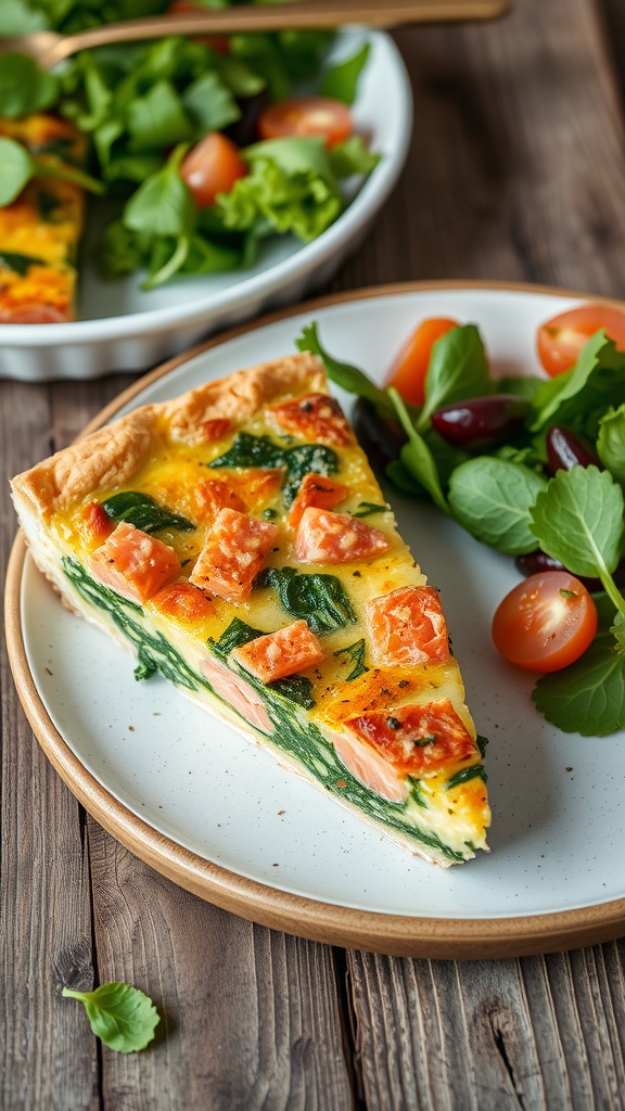 A slice of smoked salmon quiche with spinach and cheese on a plate, served with a side salad.