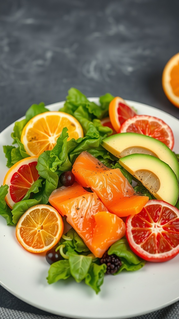 A colorful smoked salmon salad with avocado and citrus fruits.