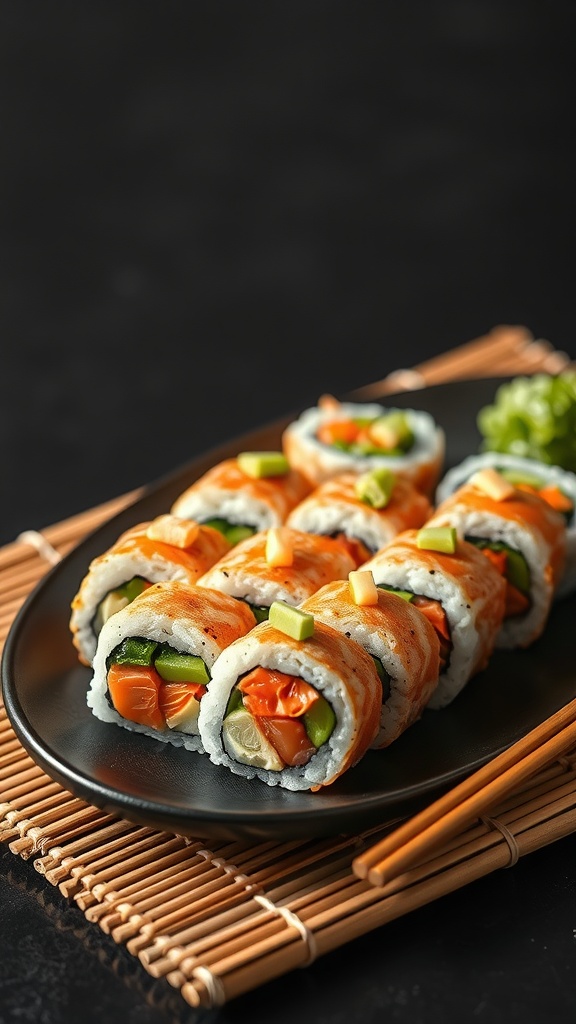 A plate of smoked salmon sushi rolls with colorful vegetables