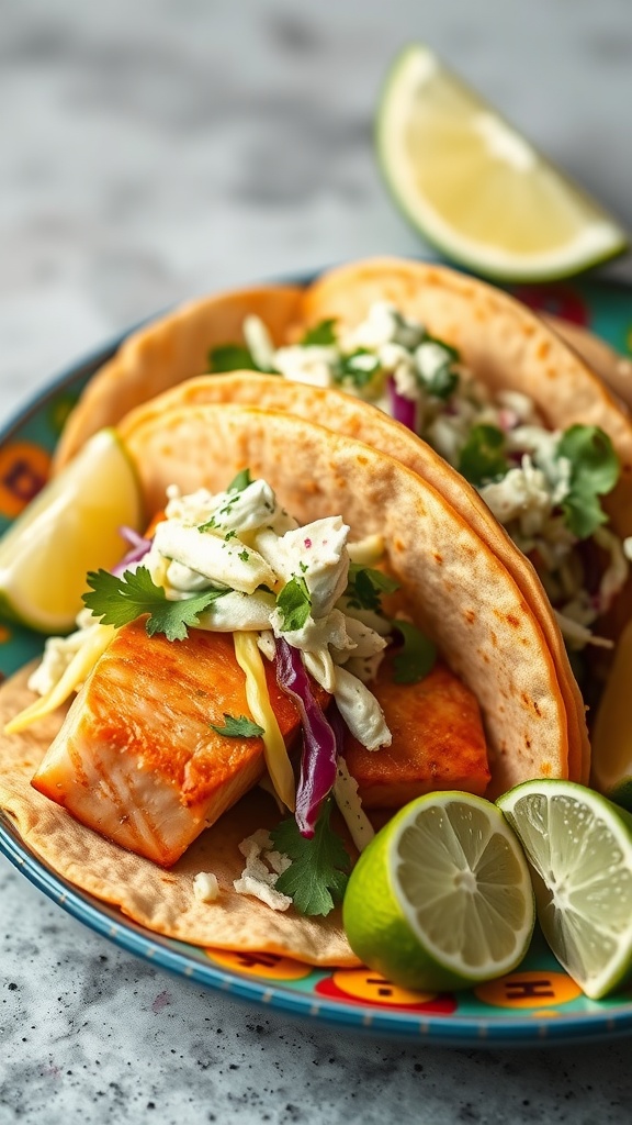 Smoked salmon tacos served with creamy slaw and lime wedges.