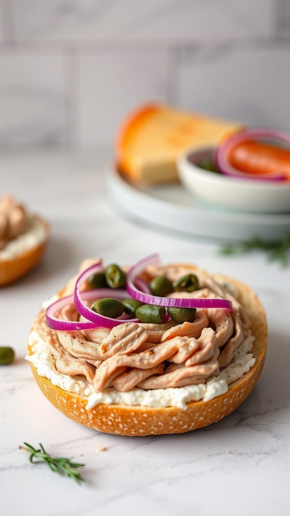 A smoked tuna and cream cheese bagel with toppings on a marble surface.