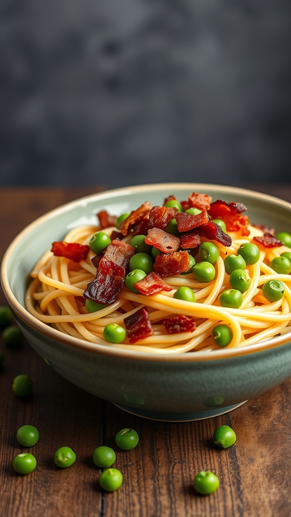 A bowl of spaghetti topped with crispy bacon and green peas.