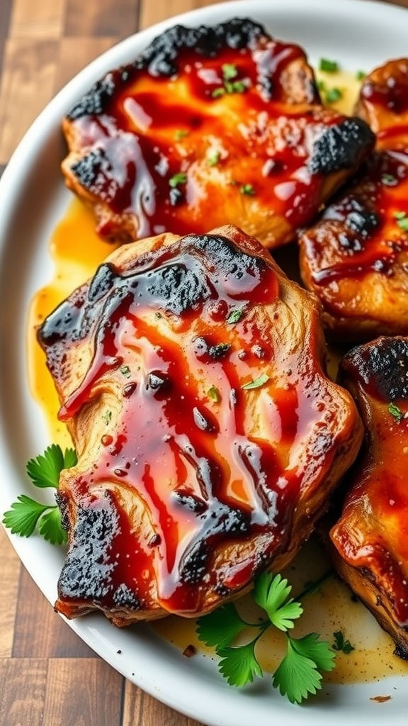 A plate of smoky BBQ pork chops drizzled with rich sauce and garnished with parsley.