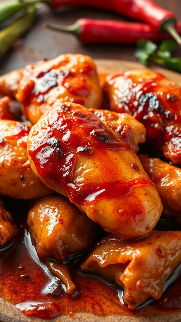 A plate of juicy chicken kabobs marinated in a smoky chipotle sauce.