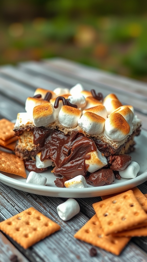 A delicious S'mores Dump Cake with layers of chocolate, marshmallows, and graham crackers.