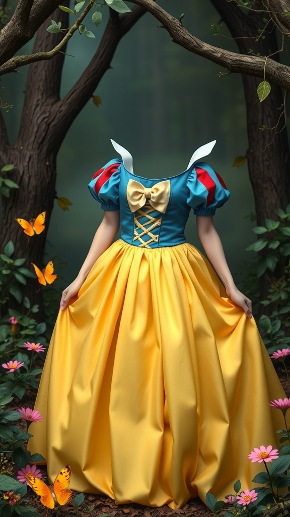 A representation of Snow White's dress with a blue bodice and yellow skirt, surrounded by nature.