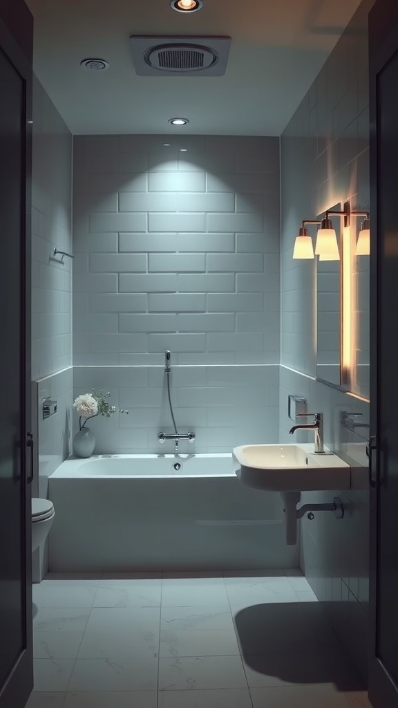 A clean bathroom with soft ambient lighting, featuring a bathtub, sink, and modern fixtures.