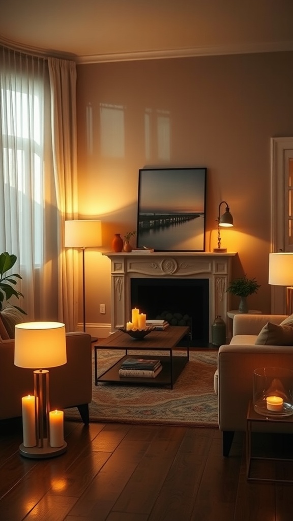 Cozy earthy boho living room with soft ambient lighting from lamps and candles.